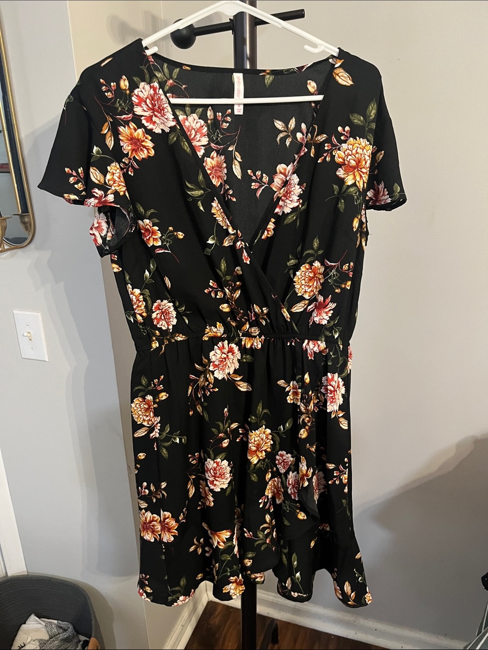 Xhilaration Black Floral Wrap Mini Dress with Yellow & Pink Blooms